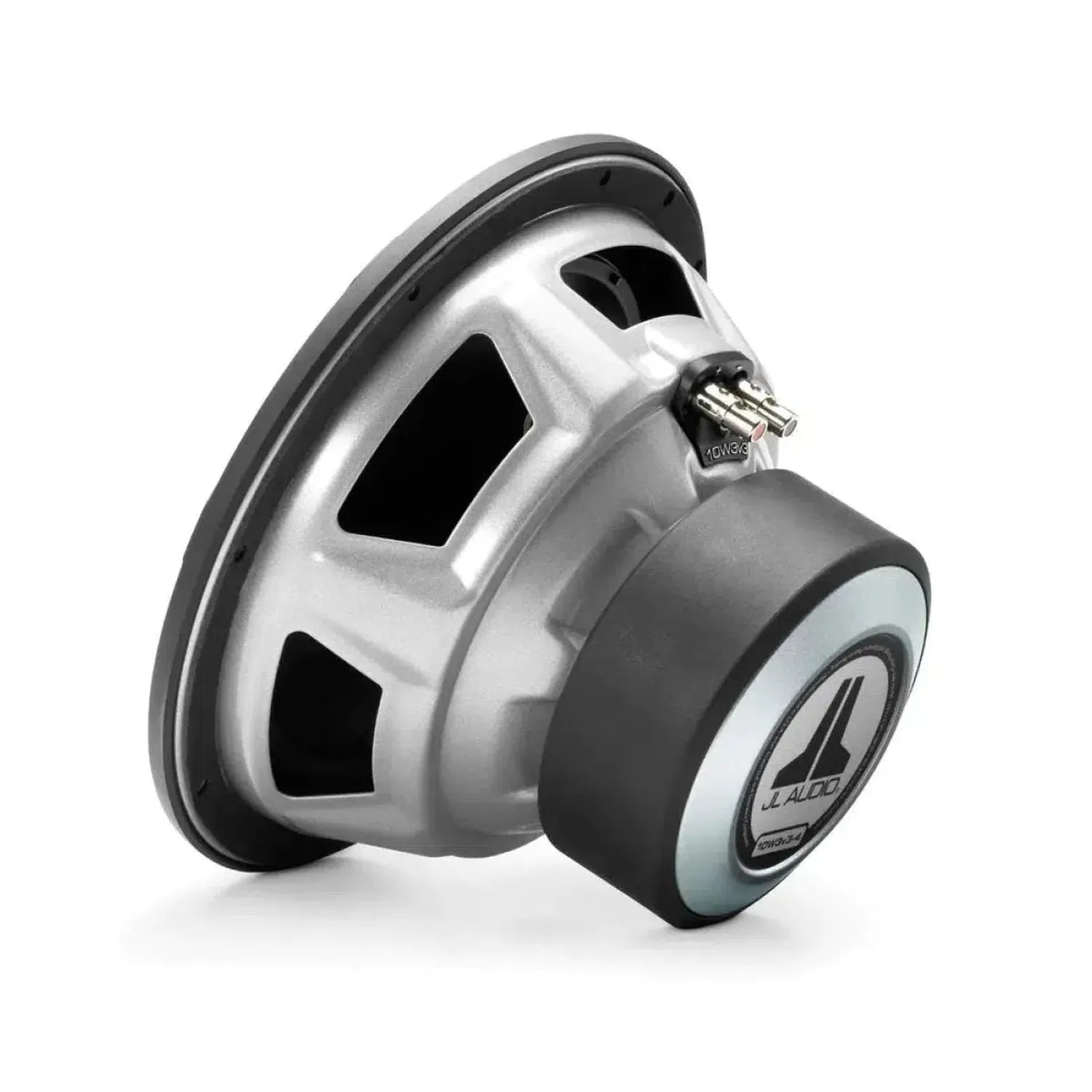A side view of a JL Audio 10W3V3-2 silver 500W subwoofer with a black rim and logo on the magnet, isolated on white.
