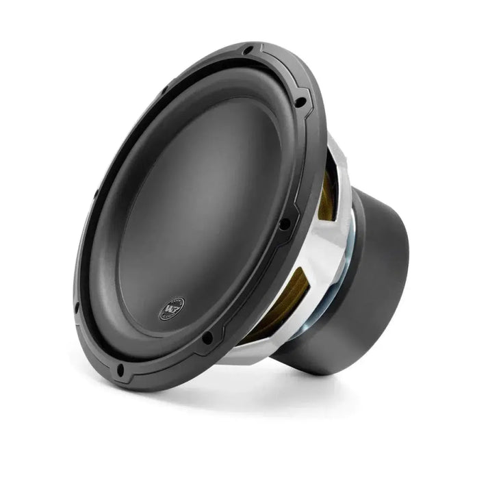 The JL Audio 10W3V3-2 is a black and silver round-cone 10-inch subwoofer, shown angled on a white background.