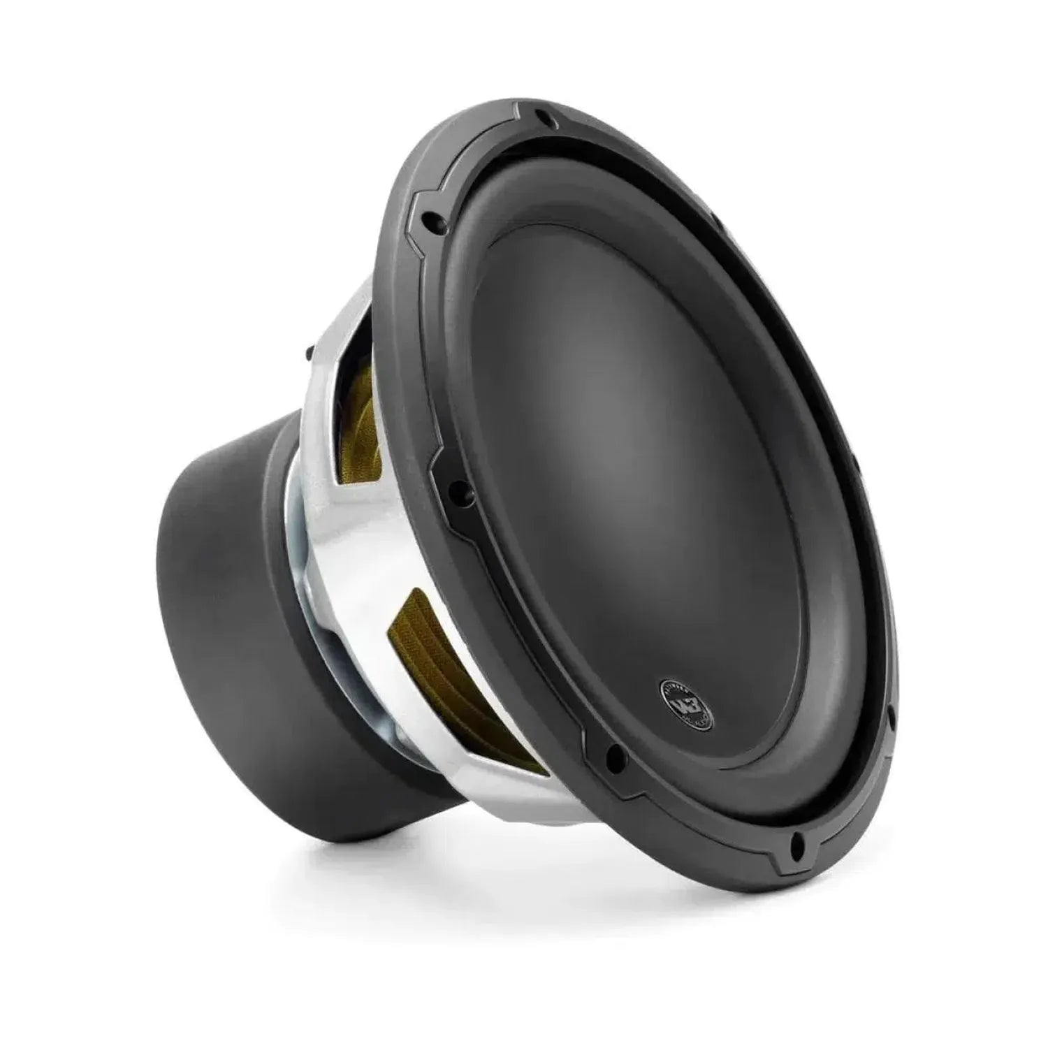 Un subwoofer JL Audio 10W3V3-4 da 10 pollici, nero e argento, è mostrato in posizione angolata su uno sfondo bianco.