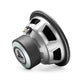 Un subwoofer JL Audio 10W3V3-4 argentato e nero è visualizzato in posizione angolata su uno sfondo bianco.