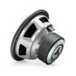 Un subwoofer JL Audio 10W3V3-4 argento e nero, visto dal lato posteriore su sfondo bianco.