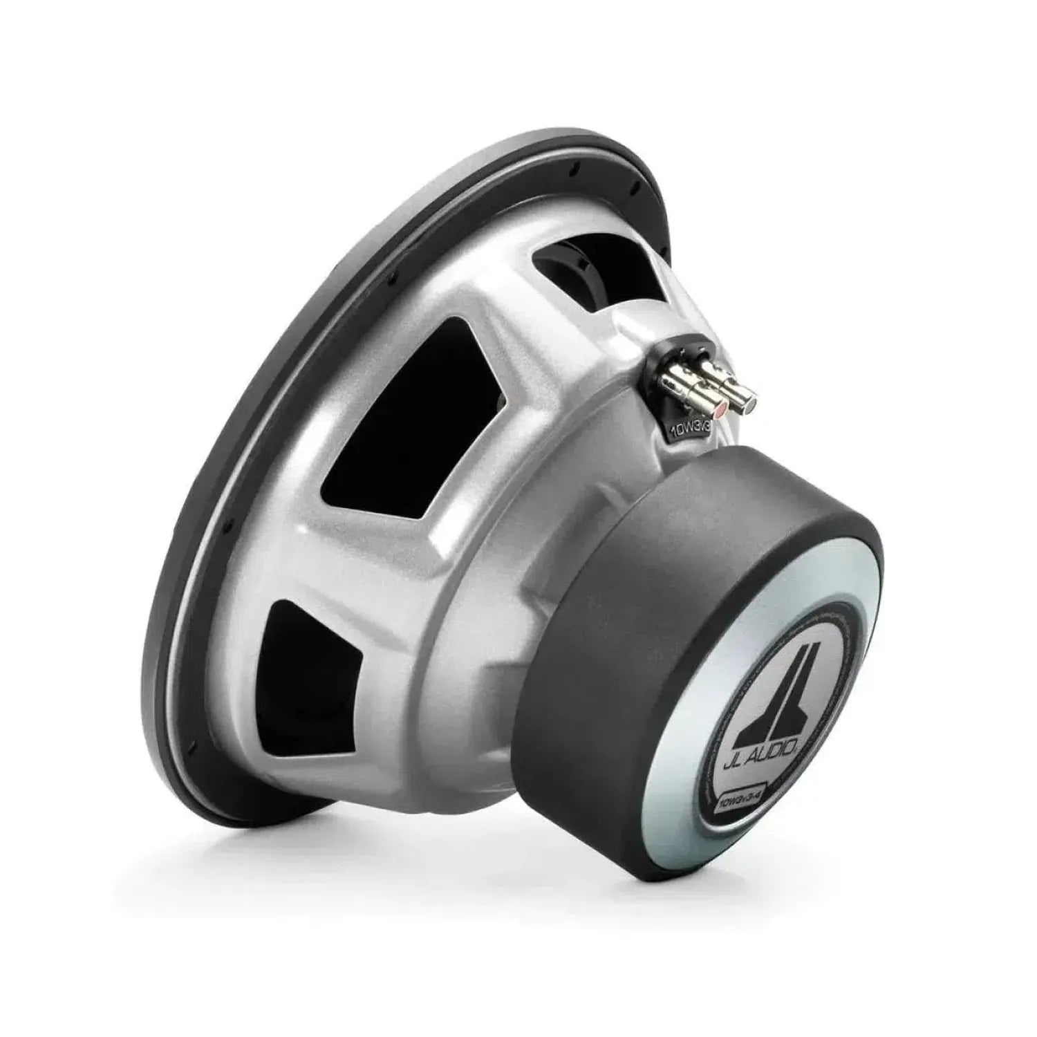 Un subwoofer JL Audio 10W3V3-4 argento e nero, visto dal lato posteriore su sfondo bianco.