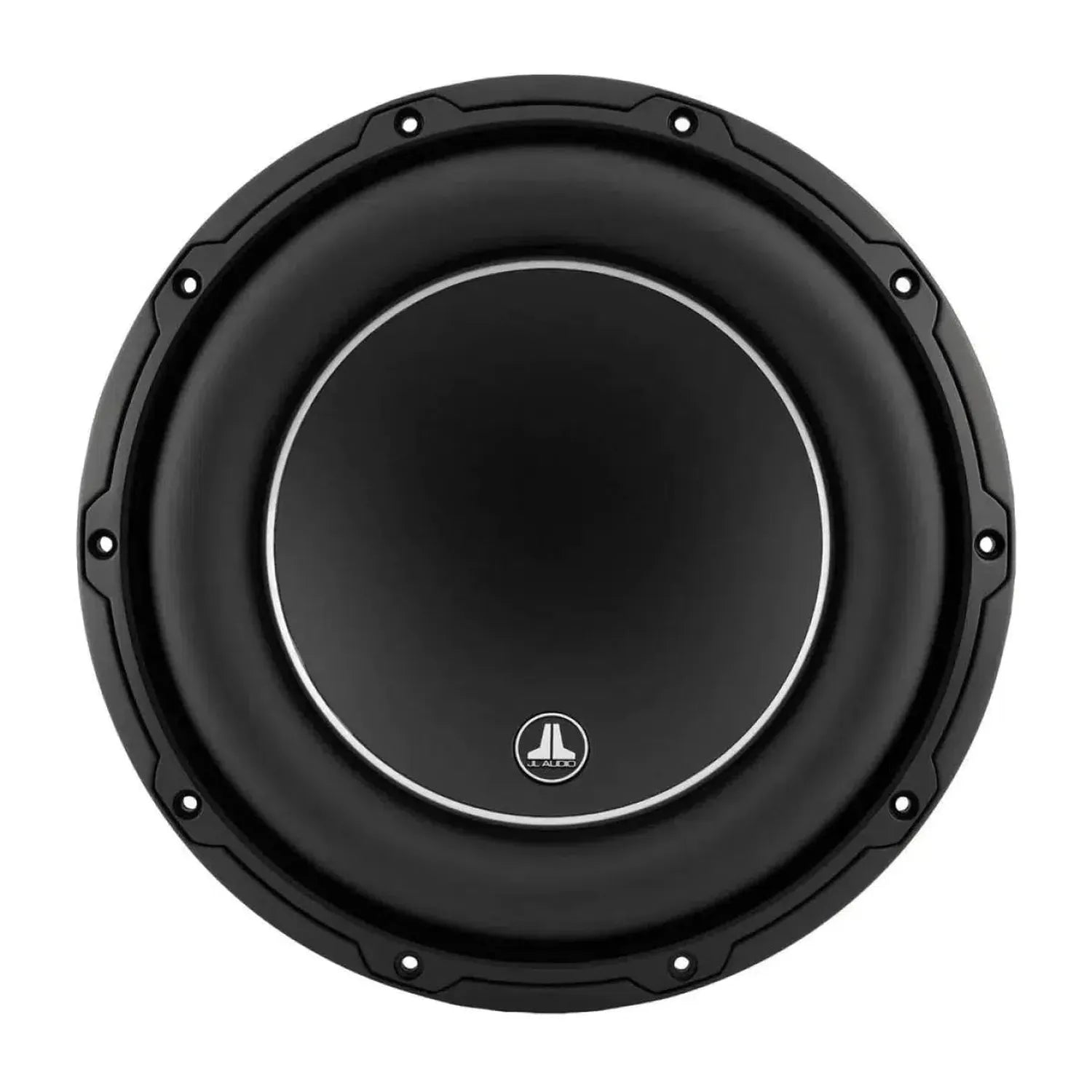A black, round JL Audio 10W6V3-D4 subwoofer with a silver trim and a small logo at the bottom center, viewed from above on a white background.