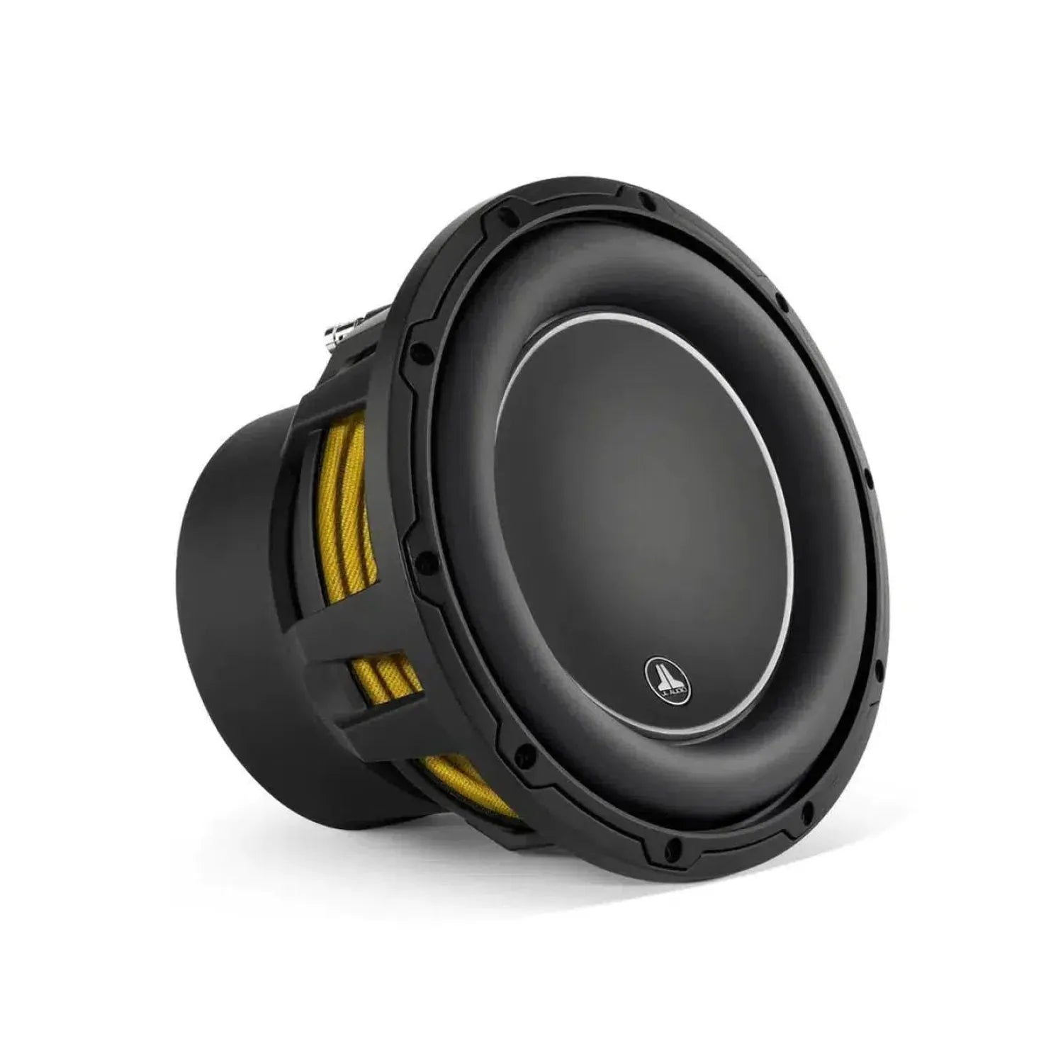 The JL Audio 10W6V3-D4 is a black 10-inch subwoofer with a yellow suspension ring, white center logo, and 600W RMS, shown on a plain white background.