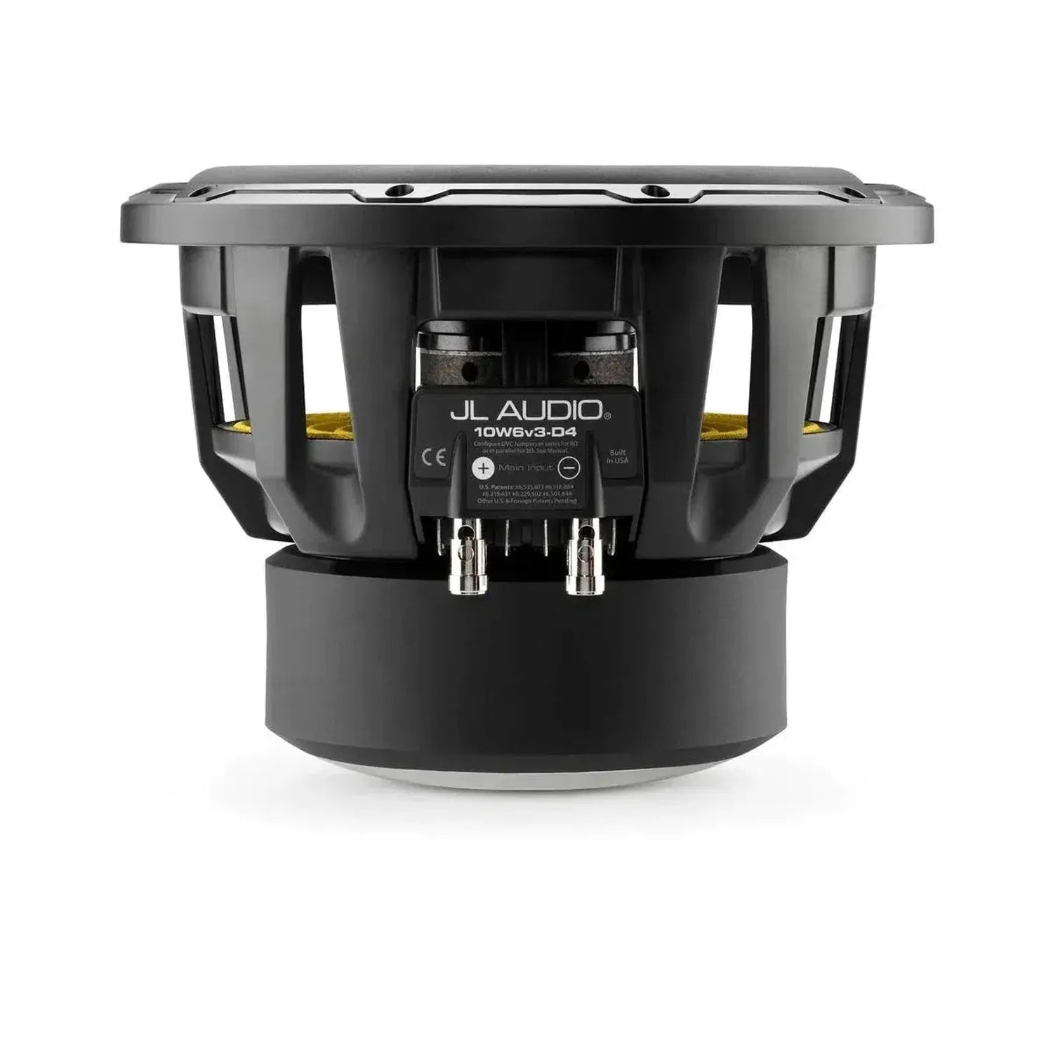 A black JL Audio 10W6V3-D4 10 subwoofer 600W RMS viewed from the back, showing terminals and model details, against a white background.