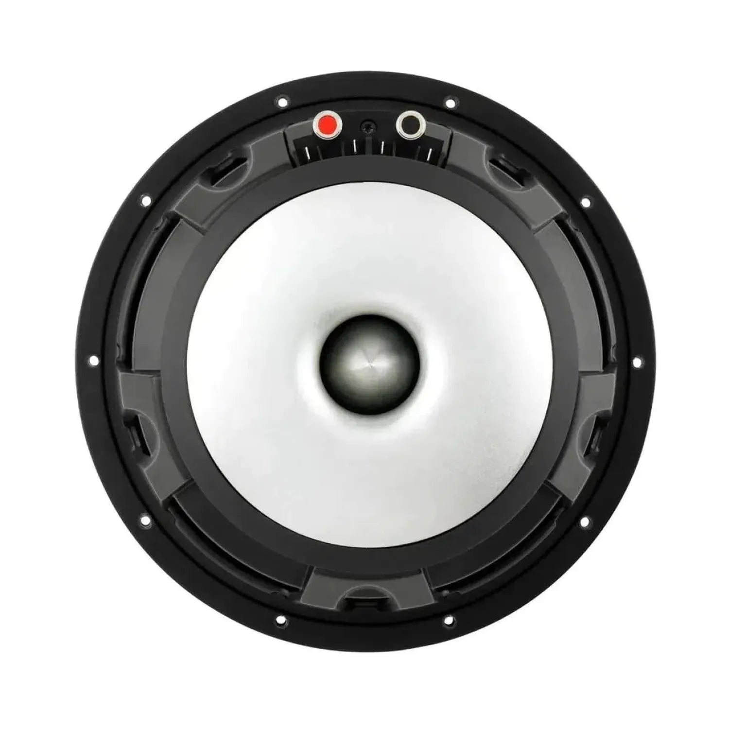 A close-up of a JL Audio 10W6V3-D4 10-inch subwoofer 600W RMS with connectors and mounting holes, shown against a white background.