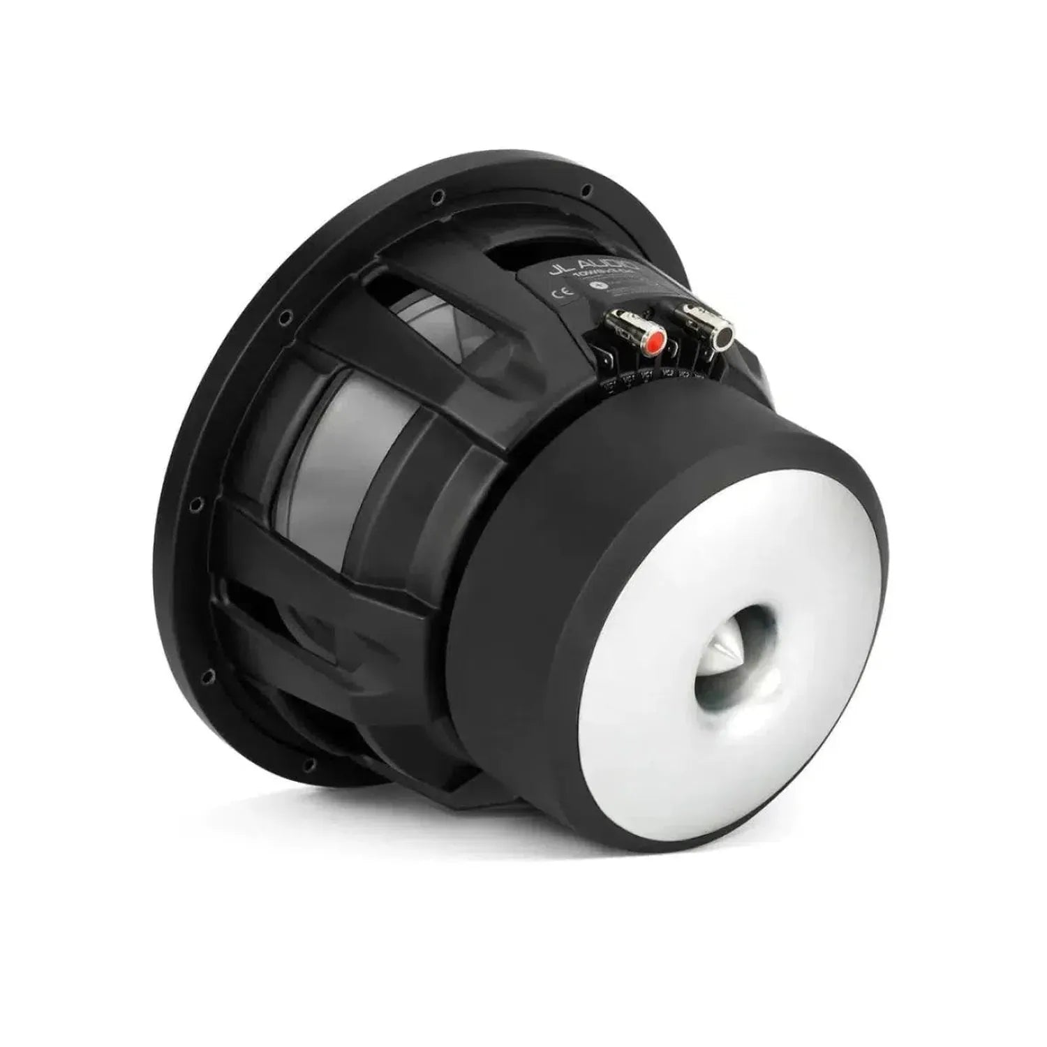 The JL Audio 10W6V3-D4 is a black and silver 10-inch subwoofer with a large magnet and exposed basket, shown at an angle on a white background.