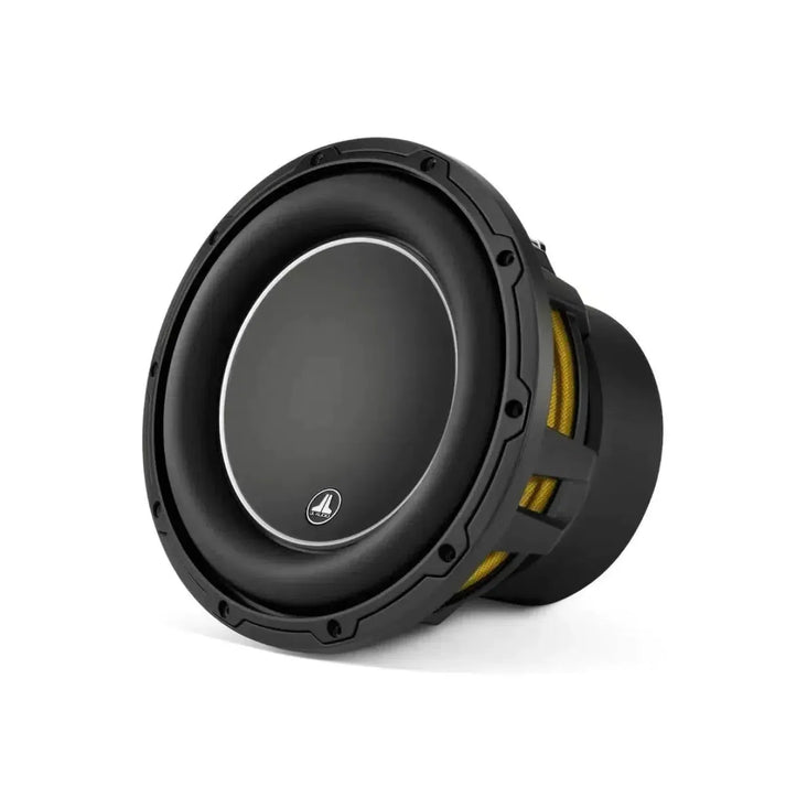 A JL Audio 10W6V3-D4 10-inch subwoofer with a black and yellow circular design, shown angled on a white background.