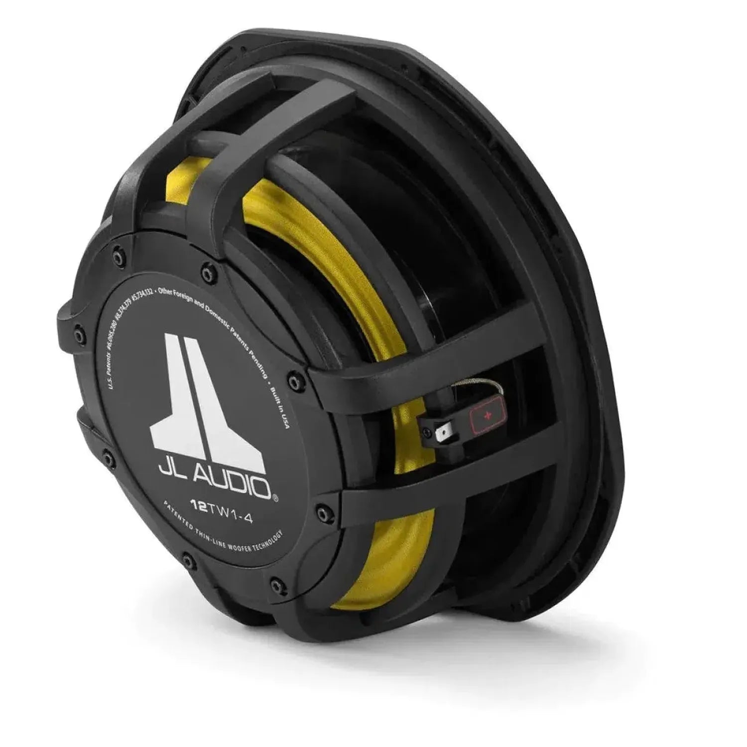 The JL Audio 12TW1-4 is a black 12-inch Thin-Line subwoofer with a yellow suspension ring and protective frame, shown side-on against a white background.