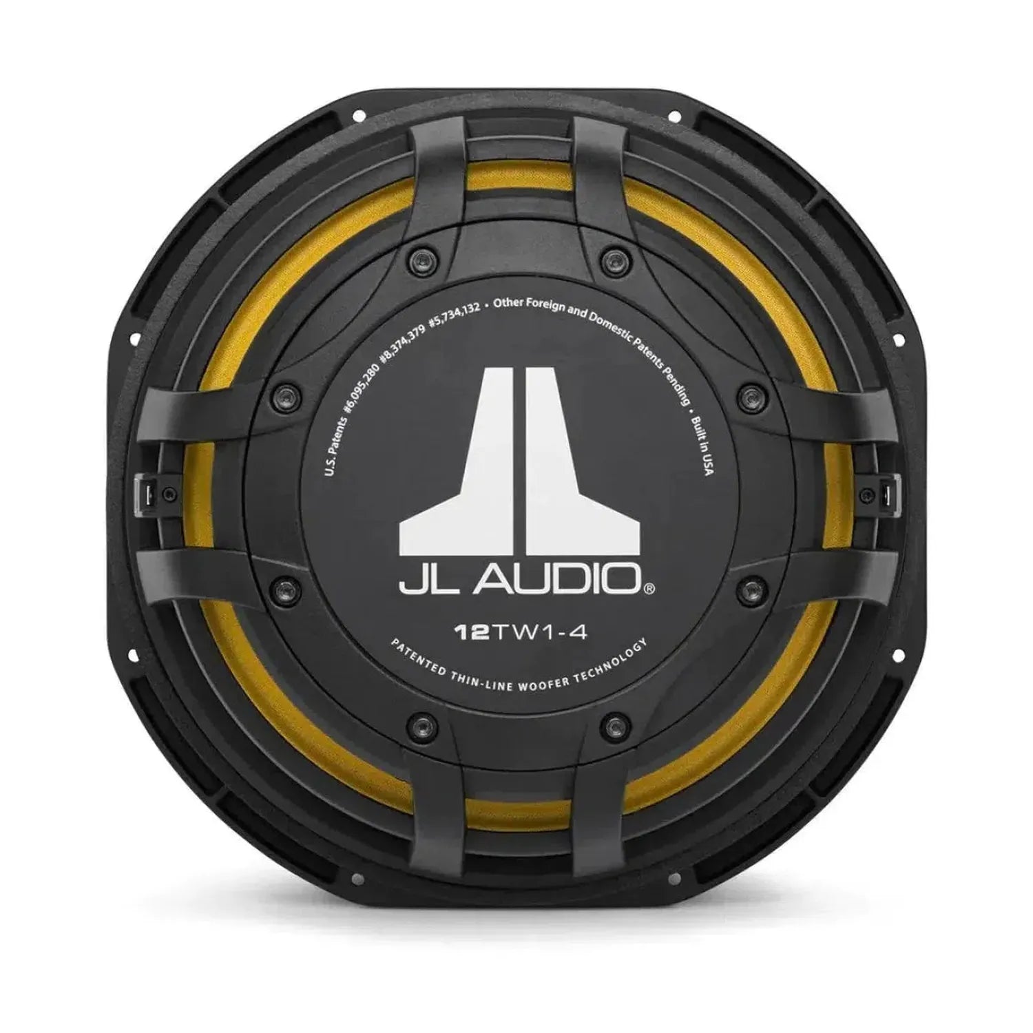 Ein JL Audio 12TW1-4 12-Zoll-Subwoofer mit geringer Einbautiefe und Thin-Line-Technologie im schwarz-gelben Design mit JL Audio Logo auf der Front.
