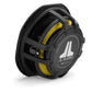 A JL Audio 12TW1-4 12-inch subwoofer with geringer Einbautiefe, black frame, yellow suspension, und JL Audio Logo auf der Rückplatte, schräg betrachtet.