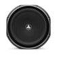 A black JL Audio 12TW1-4 12-inch subwoofer with Thin-Line tech, silver edge and logo, viewed from above on a white background.