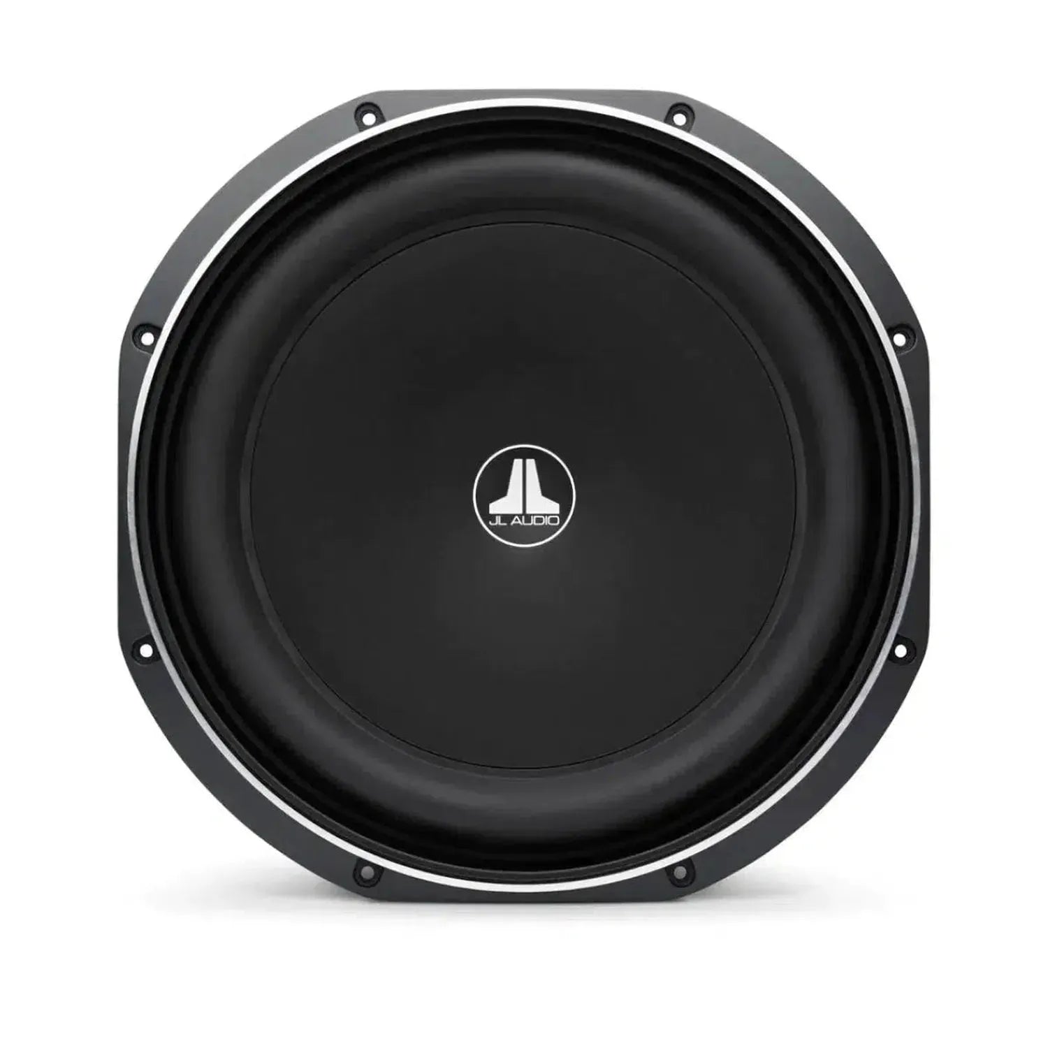A black JL Audio 12TW1-4 12-inch subwoofer with Thin-Line tech, silver edge and logo, viewed from above on a white background.