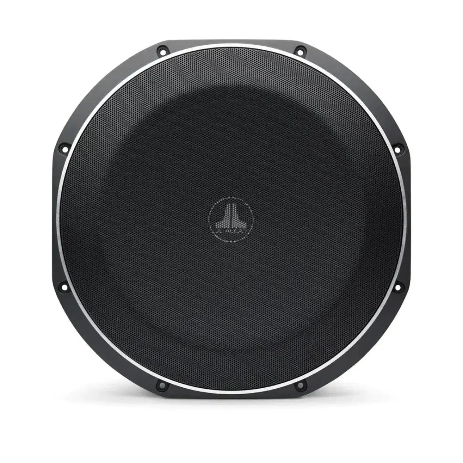 The JL Audio 12TW1-4 is a round black 12-inch subwoofer with protective mesh grille, subtle logo, and Thin-Line-Subwoofer-Technologie for reduced mounting depth.