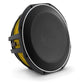 The JL Audio 12TW1-4, a black and yellow speaker with Thin-Line Subwoofer Technology and mesh grille, has geringe Einbautiefe, shown on a white background.