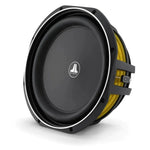 The JL Audio 12TW1-4 is a black 12-inch subwoofer with yellow side components, a white logo, round design, and Thin-Line Subwoofer Technology for low mounting depth.