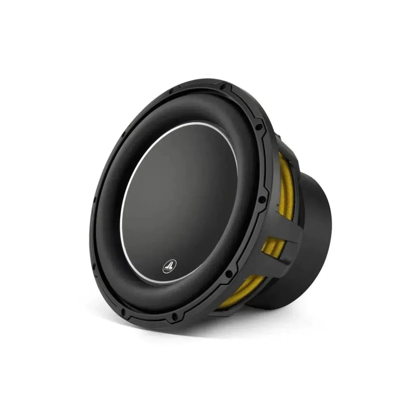 Sobre fondo blanco se muestra un subwoofer negro JL Audio 12W6V3-D4 con cono redondo, suspensión amarilla y borde circular.