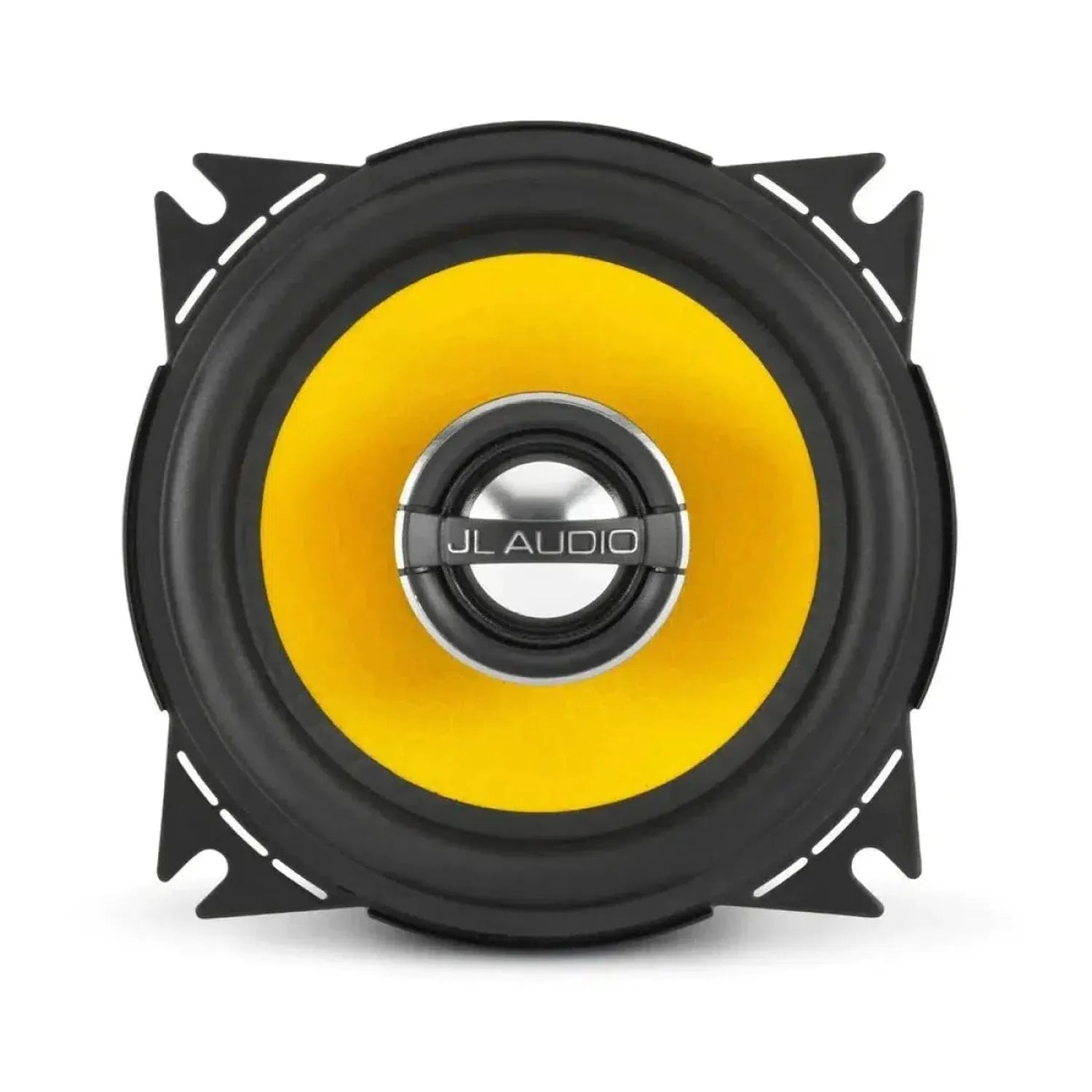 Haut-parleur coaxial rond jaune JL Audio C1-400X de 4 pouces avec un bord noir et des supports de montage métalliques, sur fond blanc.