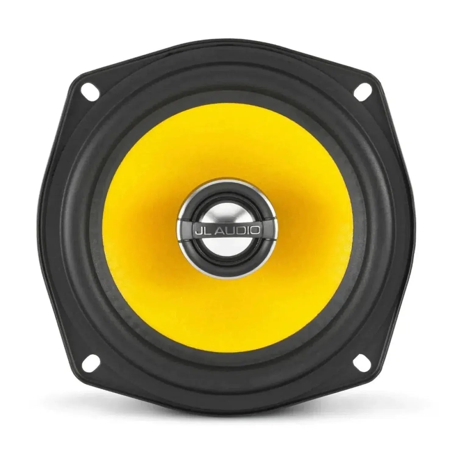 A round 5-inch JL Audio C1-525X speaker with a yellow cone, black rim, and silver center is shown from the front on a white background.