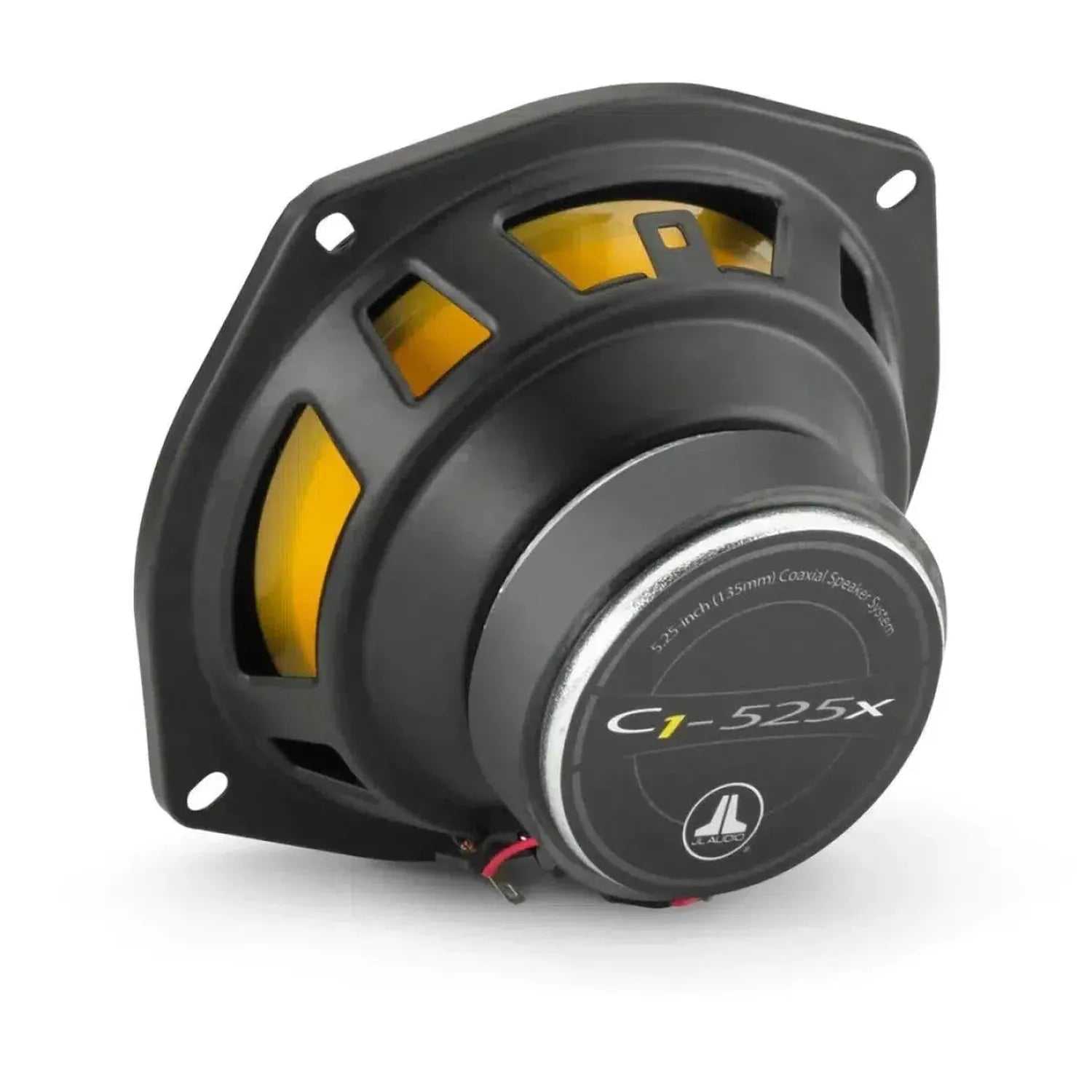 A black and yellow JL Audio C1-525X 5 Koax-Lautsprechersystem viewed from the back, showing magnet, wiring connectors, and mounting frame.