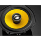 Close-up of a JL Audio C1-525X speaker with a yellow cone, black outer ring, and metallic center set against a dark background.
