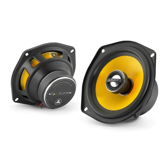Two JL Audio C1-525X speakers in black and yellow—one displays the cone, the other shows the coaxial speaker system model details.