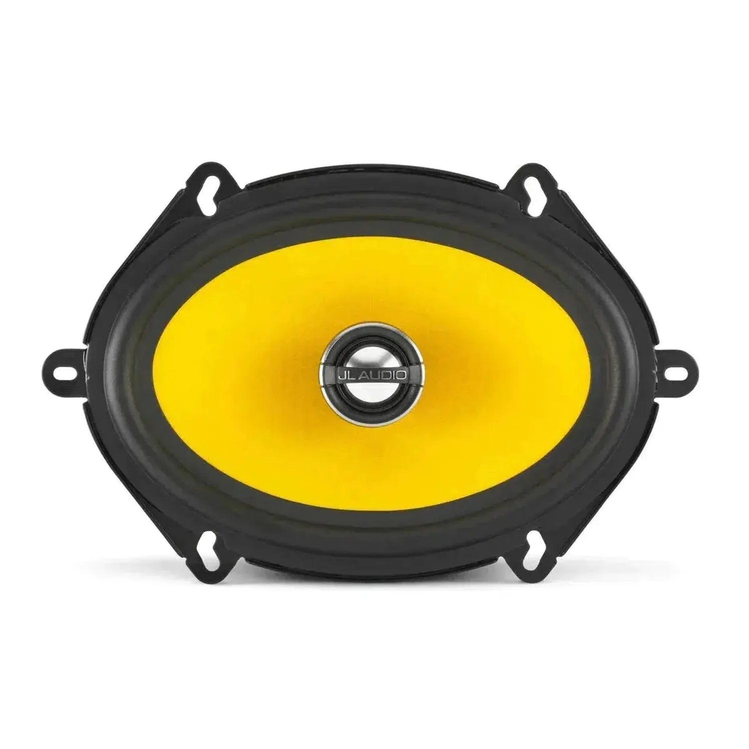 The JL Audio C1-570X is a yellow, oval 5x7 coaxial speaker with a black rim, silver center, and four mounting brackets, shown on a white background.