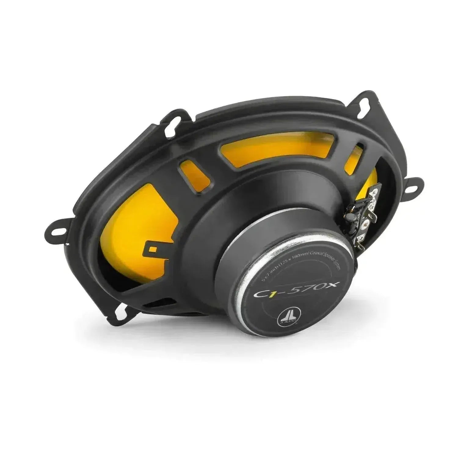 A black and yellow JL Audio C1-570X 5x7 coaxial speaker is shown angled, with its connectors and mounting brackets visible.