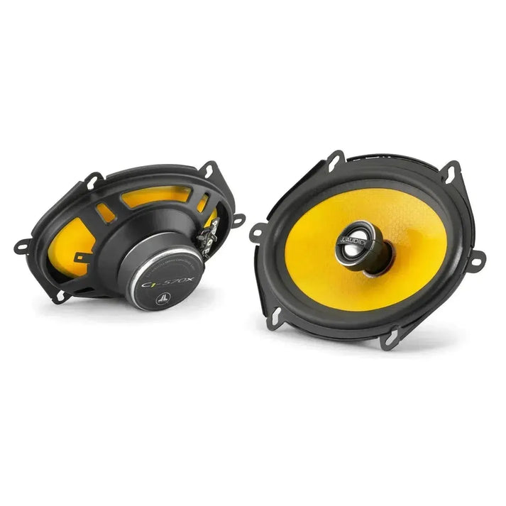 Two oval JL Audio C1-570X yellow and black car speakers, one front-facing, one rear view—ideal 5x7 coaxial speakers for high-quality sound.