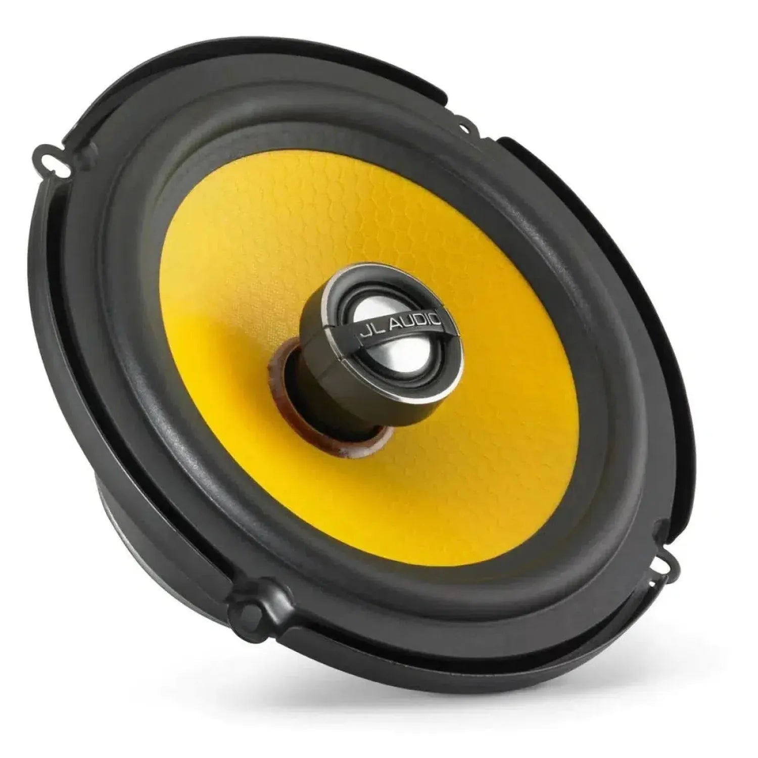 A JL Audio C1-650X yellow 5-inch speaker driver with a black rim and central logo is shown at an angle on a white background.