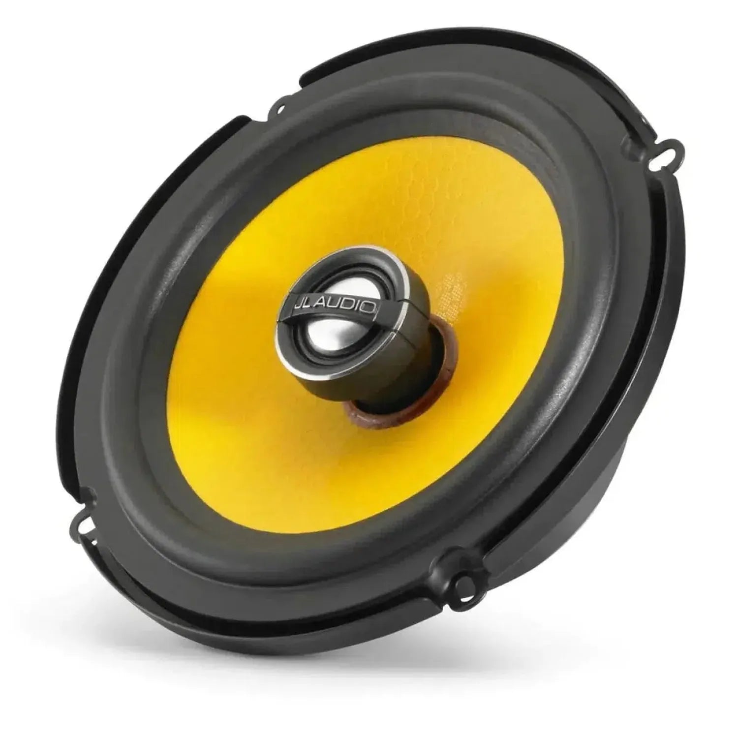 The JL Audio C1-650X is a round 6.5-inch speaker with a yellow cone, black rim, and a silver-black JL Audio logo on the dome.