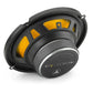 A close-up of a JL Audio C1-650X car speaker, black and yellow, shown from the back with its magnet, frame, and mounting holes visible.