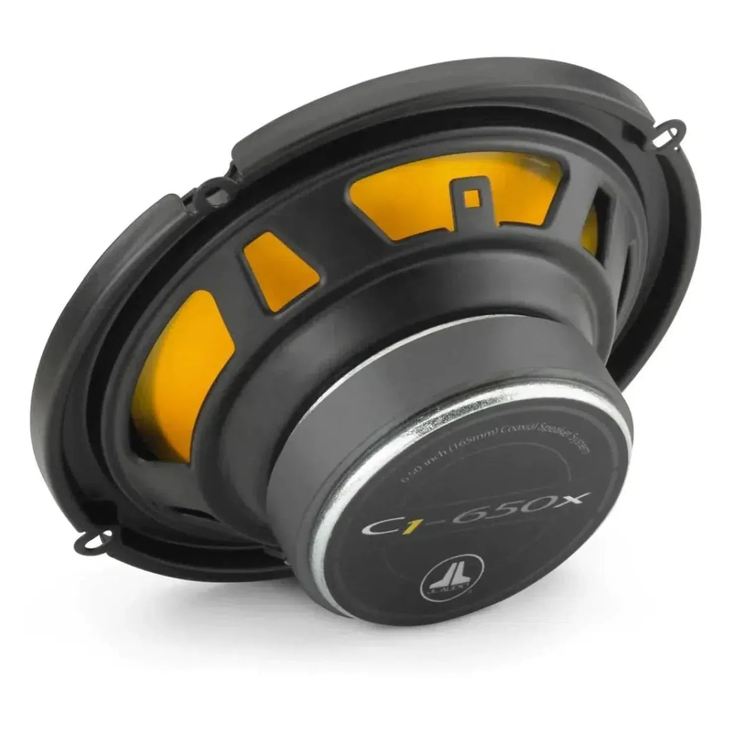 A close-up of a JL Audio C1-650X car speaker, black and yellow, shown from the back with its magnet, frame, and mounting holes visible.