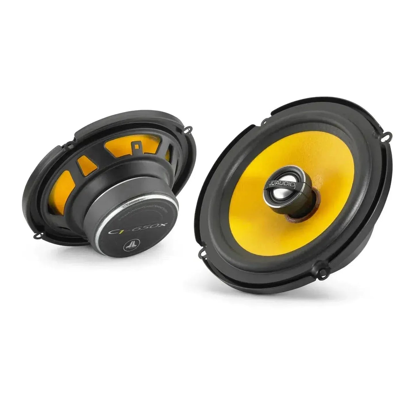 Two yellow and black JL Audio C1-650X 5-inch round speakers, showing front and back, display a coaxial speaker system on a white background.