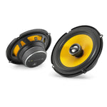 Two yellow and black JL Audio C1-650X 5-inch round speakers, showing front and back, display a coaxial speaker system on a white background.