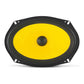 De JL Audio C1-690 is een ovale gele luidspreker met een zwarte rand, vier montagegaten en een zwarte centrale koepel, weergegeven op een witte achtergrond. 6x9 inch 2-weg systeem.