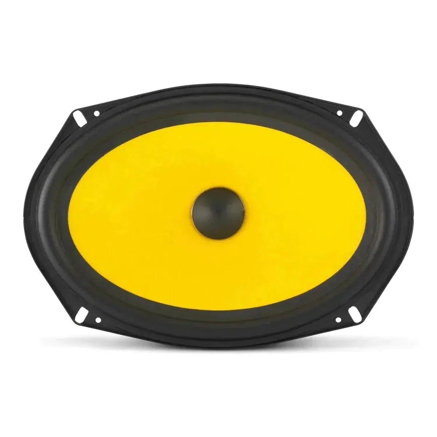 De JL Audio C1-690 is een ovale gele luidspreker met een zwarte rand, vier montagegaten en een zwarte centrale koepel, weergegeven op een witte achtergrond. 6x9 inch 2-weg systeem.