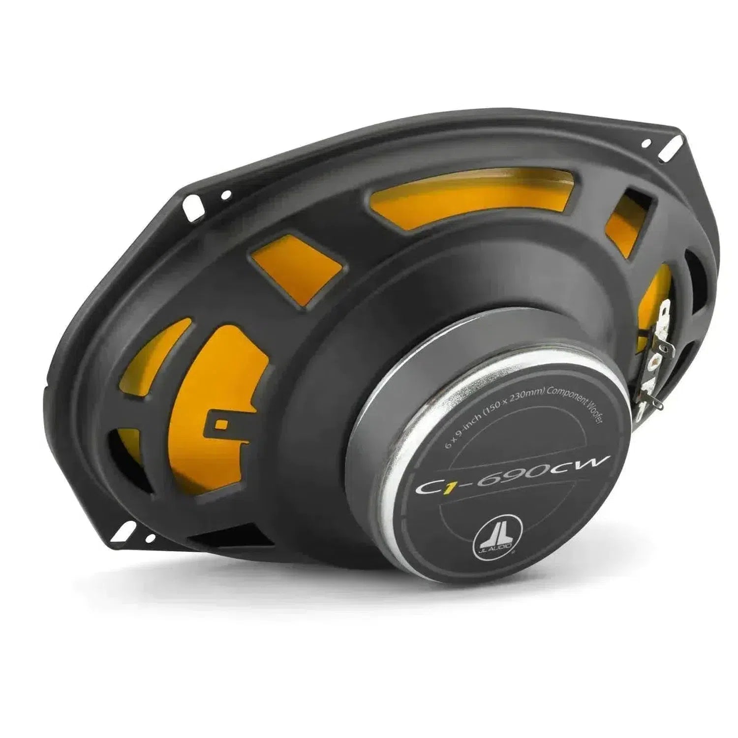 De JL Audio C1-690 heeft langwerpige 6x9 luidsprekers met een zwart frame, gele interne onderdelen en een ronde C1-690CW magneet in het 2-weg systeem.