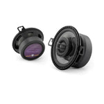 Two round black JL Audio C2-350X 3 coaxial speakers are shown: one with the cone and tweeter, the other with back label and mounting tabs, on a white background.