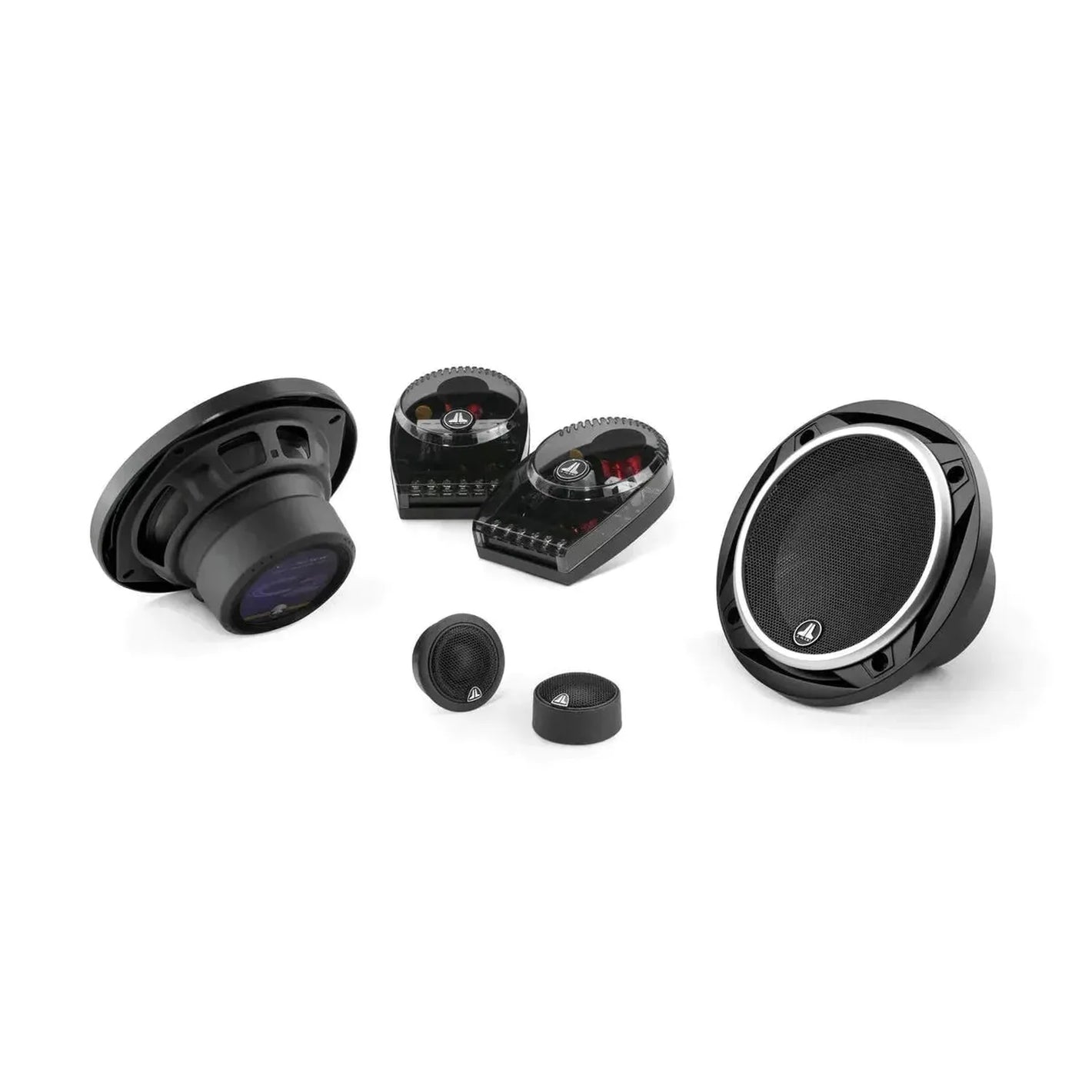 Ensemble denceintes à 2 voies JL Audio C2-525 noir, comprenant un woofer, un tweeter et un haut-parleur de milieu de gamme, sur fond blanc.