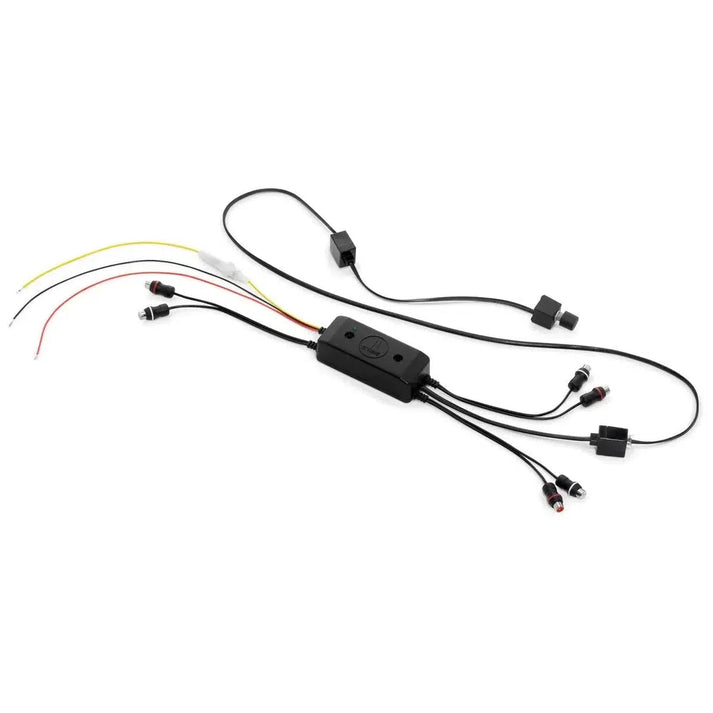 The JL Audio CL-RLC, a black electronic control module for subwoofer level with multicolored wires and connectors, is shown on a white background.