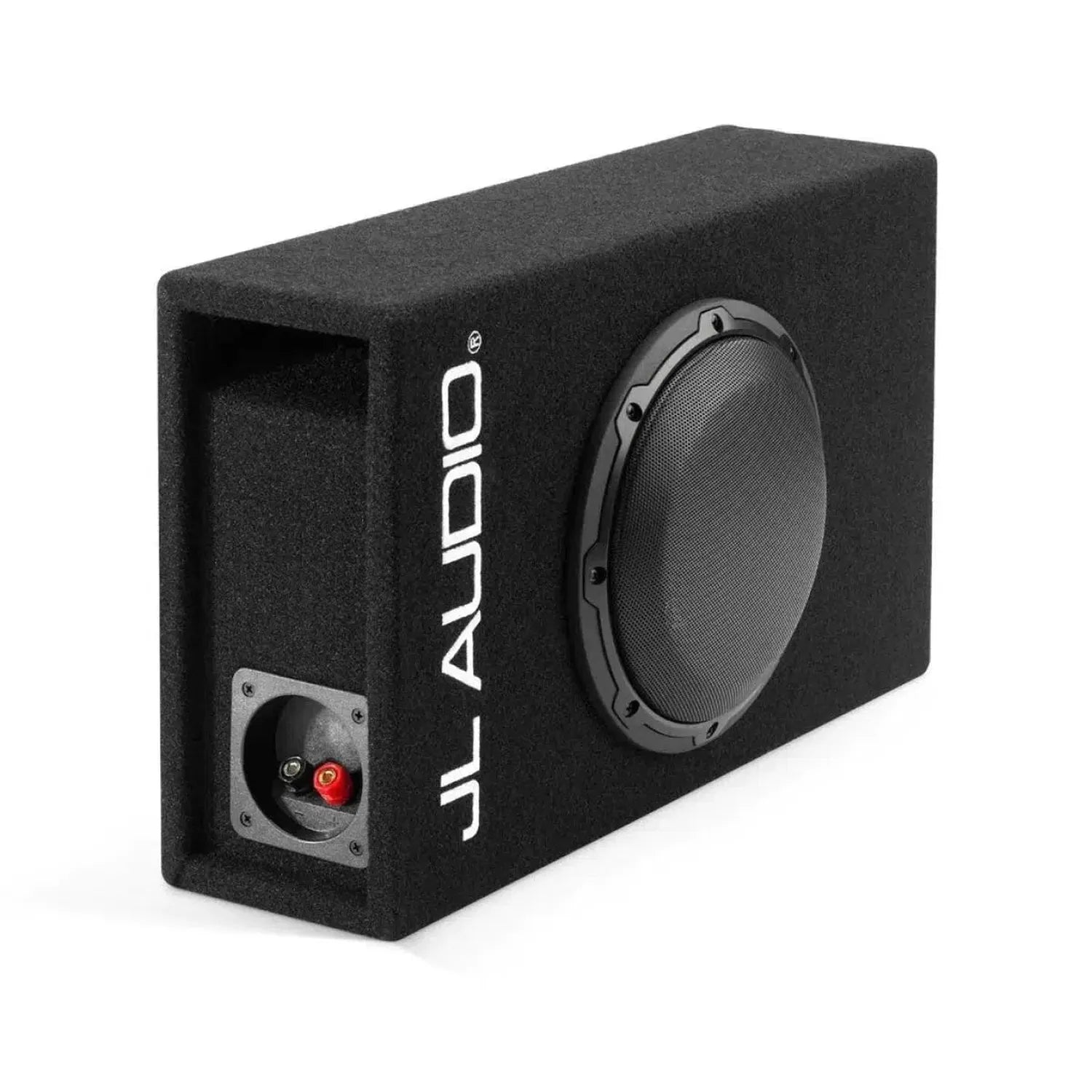 The JL Audio CP108LG-W3V3 is a black subwoofer with a circular speaker, protective grille, side terminals, and a white JL Audio logo.