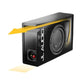 Rectangular black JL Audio CP108LG-W3V3 subwoofer box with visible speaker, plug inputs, and yellow arrows showing sound direction.