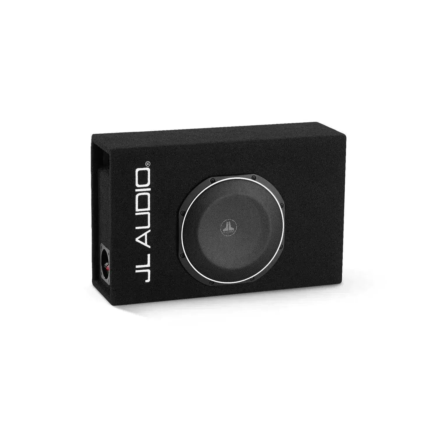 The JL Audio CP110LG-TW1-2 is a black rectangular Bassreflex enclosure with a round subwoofer at the center and the JL AUDIO logo on the side.