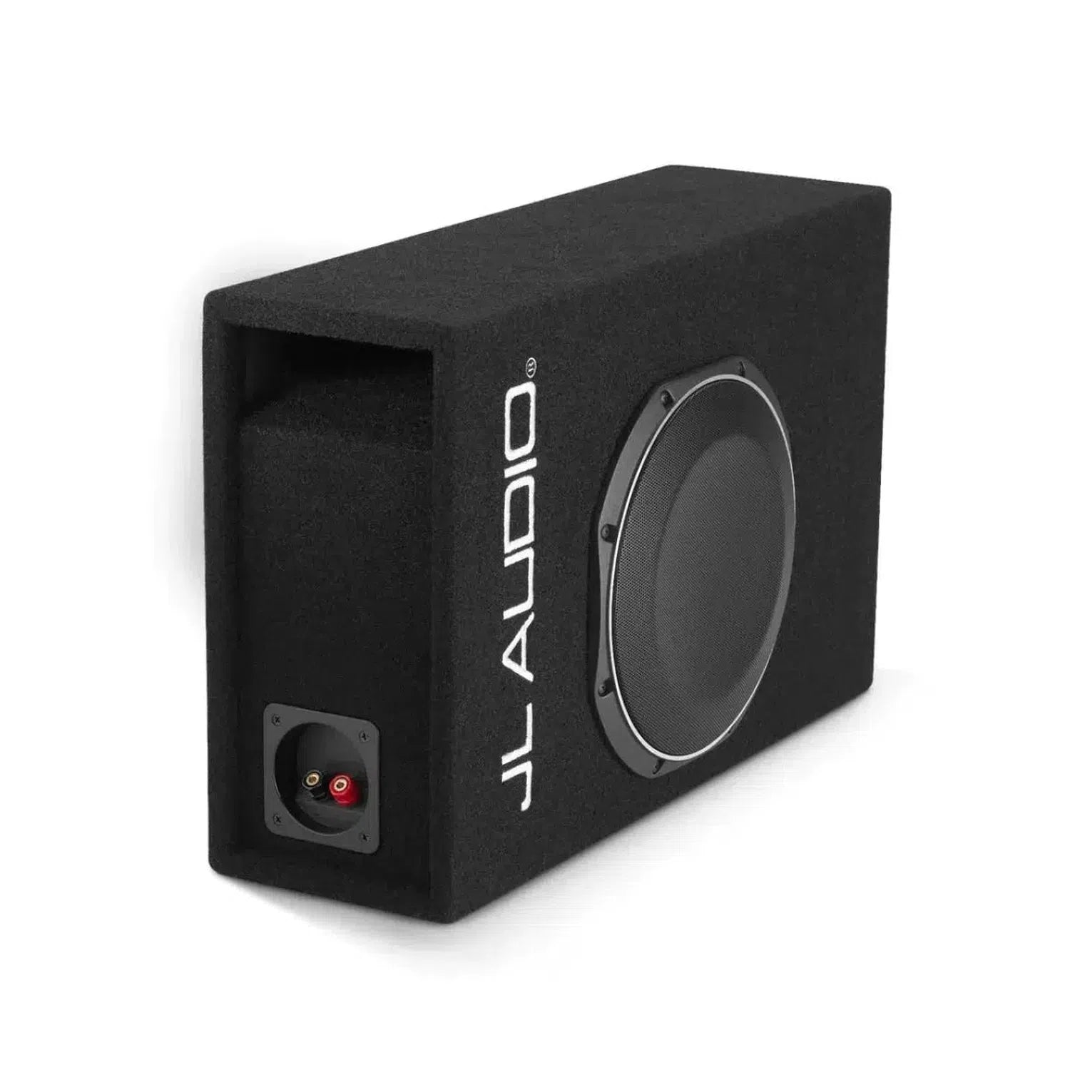 The JL Audio CP110LG-TW1-2 is a rectangular black bass reflex subwoofer with a side-facing 10-inch driver, input terminals, and white branding, shown on a white background.