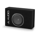 The JL Audio CP110LG-TW1-2 features a rectangular black bass reflex enclosure with a silver-rimmed subwoofer centered and JL AUDIO text vertically on the left.