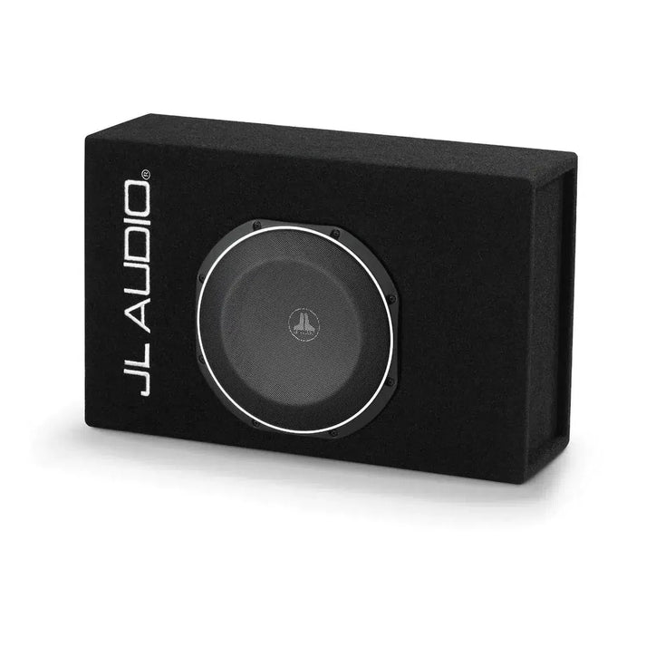 The JL Audio CP110LG-TW1-2 features a rectangular black bass reflex enclosure with a silver-rimmed subwoofer centered and JL AUDIO text vertically on the left.