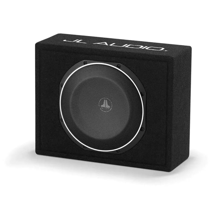 Rectangular black JL Audio CS110LG-TW1-2 Gehäusesubwoofer box with a central circular speaker and JL AUDIO. in white, featuring PowerWedge geschlossenes Design.