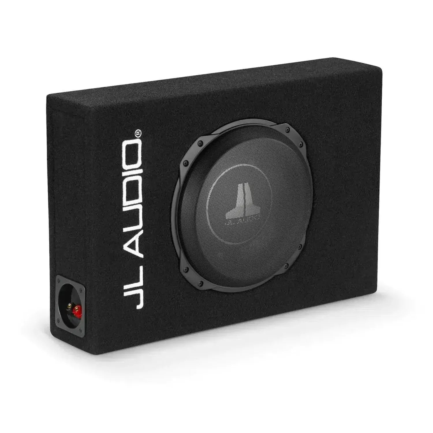 A black JL Audio CS110LG-TW3 subwoofer enclosure features a large central speaker and JL Audio branding on the side.
