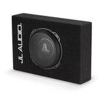 The JL Audio CS110LG-TW3 is a black rectangular PowerWedge subwoofer enclosure with a circular speaker and the JL Audio logo on the side.